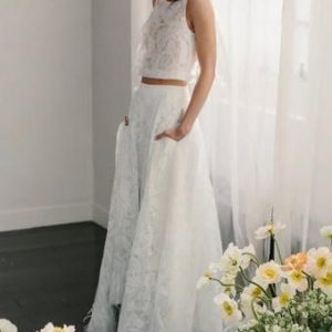 Zomer tweedelige kanten bruidsjurk met open rug