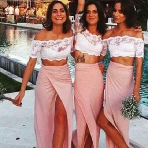 Zomer tweedelige korte mouwen kanten crop top enkellange bruidsmeisjesjurken