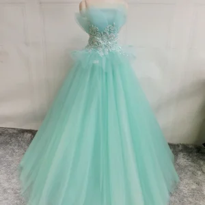 Sprookjesachtige strapless mintgroene tull baljurk galajurk