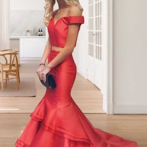 Trendy off-shoulder rode zeemeermin tweedelige lange bodycon-galajurk, 20081910