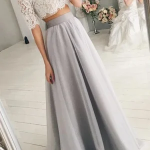 Trendy off-shoulder kanten crop-top bruidsjurk met grijze tule rok, 20082556