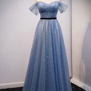 Tule stoffige blauwe vloeiende lange galajurk