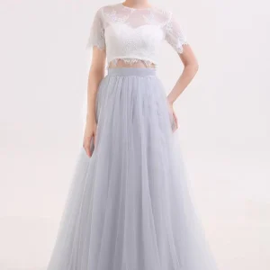 Lange tule rok tweedelige trouwjurk met kanten crop top