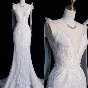V-Neck Mermaid Lace Sheer Illusion Wedding Dress
