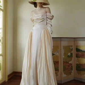 Vintage Off the Shoulder Silk Wedding Dress with Long Sleeves