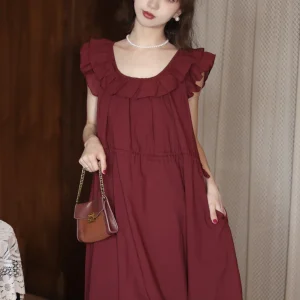 Vintage ronde hals romantische bordeauxrode jurk