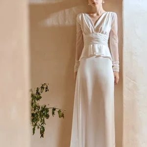 Vintage zijden Georgette trouwjurk met lange mouwen