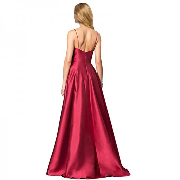 Vintage bordeaux V-hals lange A-lijn spaghettibandjes galajurk eenvoudige gelegenheidsjurk - Afbeelding 3