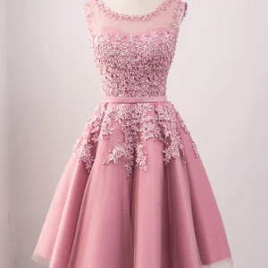 Vintage juweelhals roze kantapplicaties gelegenheidsjurk bescheiden korte galajurk