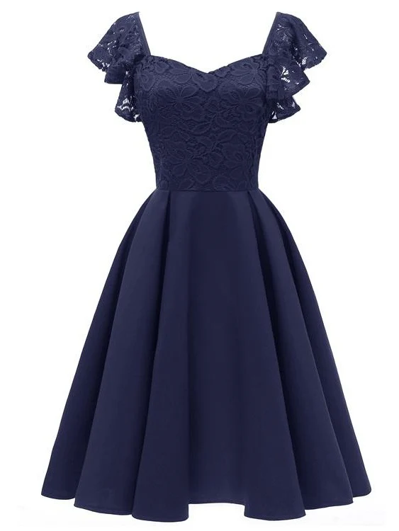 Vintage korte blauwe galajurk voor tieners met ruches, feestjurk voor gala - Afbeelding 2