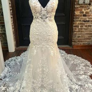 Kanten appliqués met V-hals Grote maat zeemeermin trouwjurk voor curvy bruiden