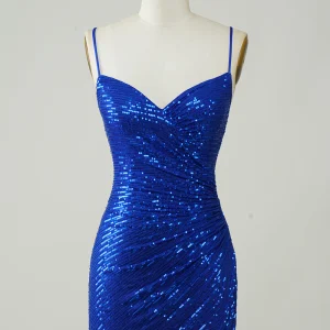 Royal Blue Sequin Spaghetti Strap Bodycon Mini Dress Homecoming Party Gown
