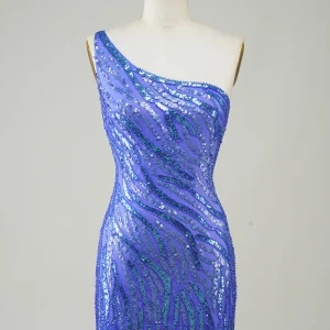 Blue Sequin One-Shoulder Sheath Short Homecoming Dress with Tassel Accent