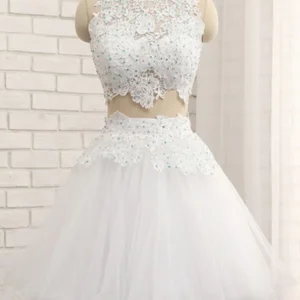 Witte kanten junioren galajurk tweedelige homecoming-jurk