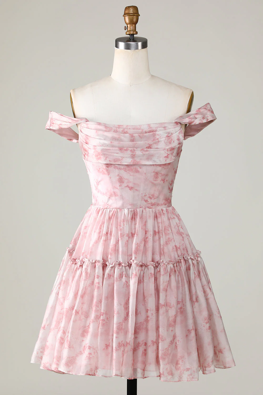 Elegant Blush Printed A-Line Homecoming Dress with Ruffles and Tulle