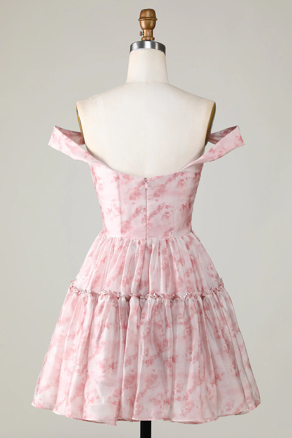 Elegant Blush Printed A-Line Homecoming Dress with Ruffles and Tulle - Afbeelding 3