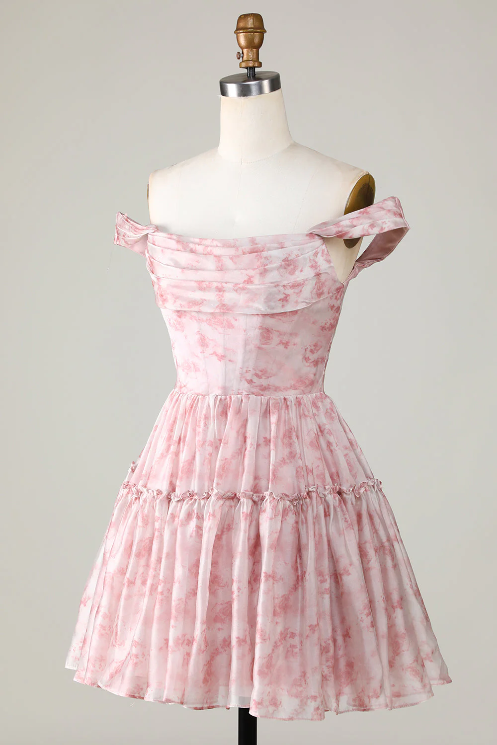 Elegant Blush Printed A-Line Homecoming Dress with Ruffles and Tulle - Afbeelding 4