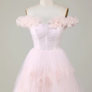 Pink Off-the-Shoulder A-Line Homecoming Dress with Floral Details Elegant Style
