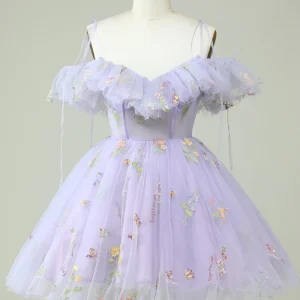 Lavender Off-Shoulder Corset Homecoming Dress with Ruffles - Elegant & Charming