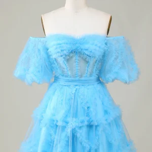 Blue Tulle Off-the-Shoulder A-Line Short Homecoming Dress for Parties