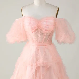 Blush Pink Tulle Off-Shoulder A-Line Short Homecoming Party Dress Gown