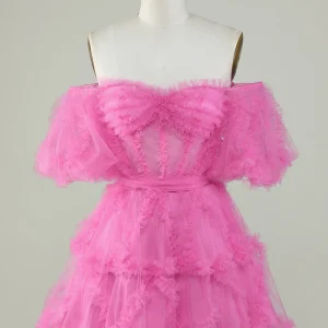 Pink Off-the-Shoulder A-Line Tulle Homecoming Dress - Elegant Party Gown