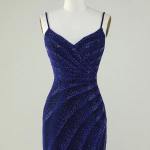 Royal Blue Sequin Sheath Spaghetti Strap Short Homecoming Dress with Beading
