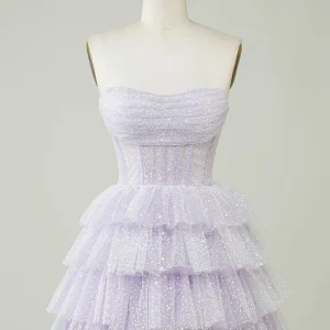 Sparkly Purple Corset Homecoming Dress Strapless Tiered Mini Short Party Gown
