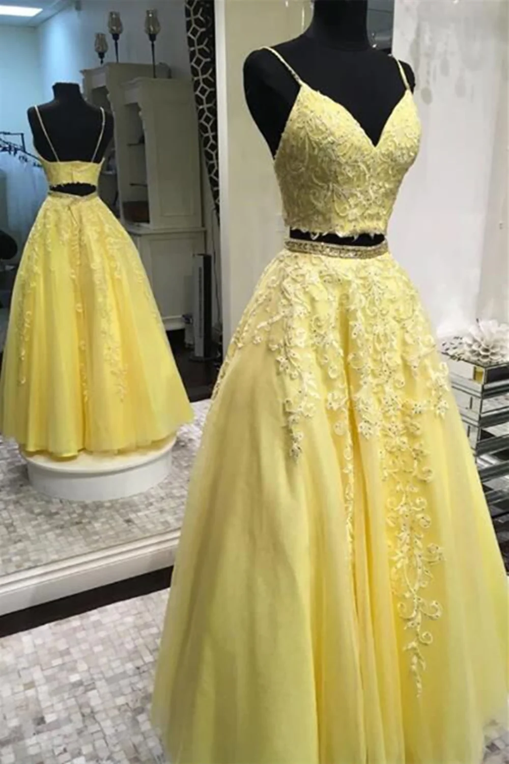 Yellow Spaghetti Strap V-Neck Lace Two Piece Long Prom Dress