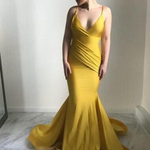 Gele rugloze spaghettibandjes Bodycon zeemeermin eenvoudige galajurk formele jurk