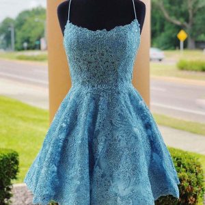 A-Line Backless Lace Blue Short Prom Homecoming Graduation Evening Dress