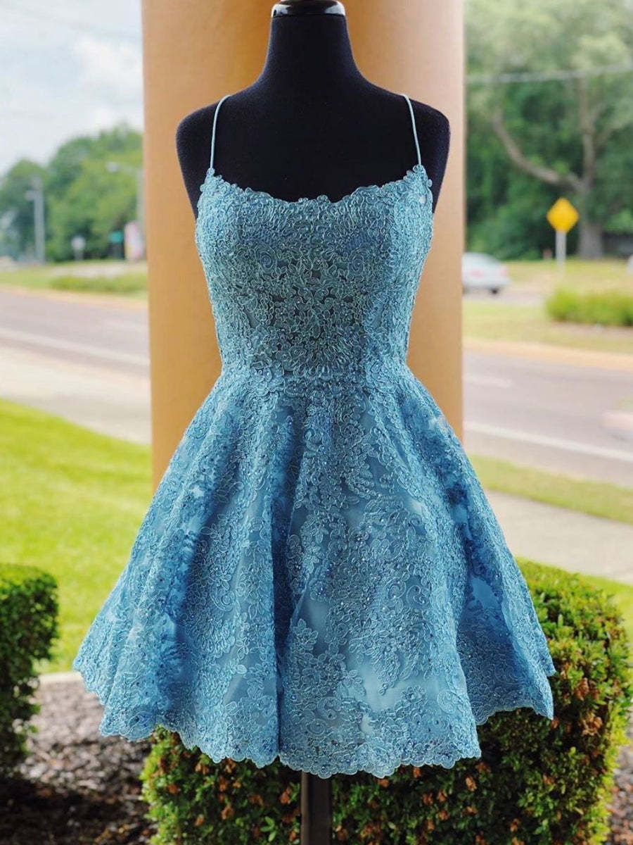 A-Line Backless Lace Blue Short Prom Homecoming Graduation Evening Dress - Afbeelding 2