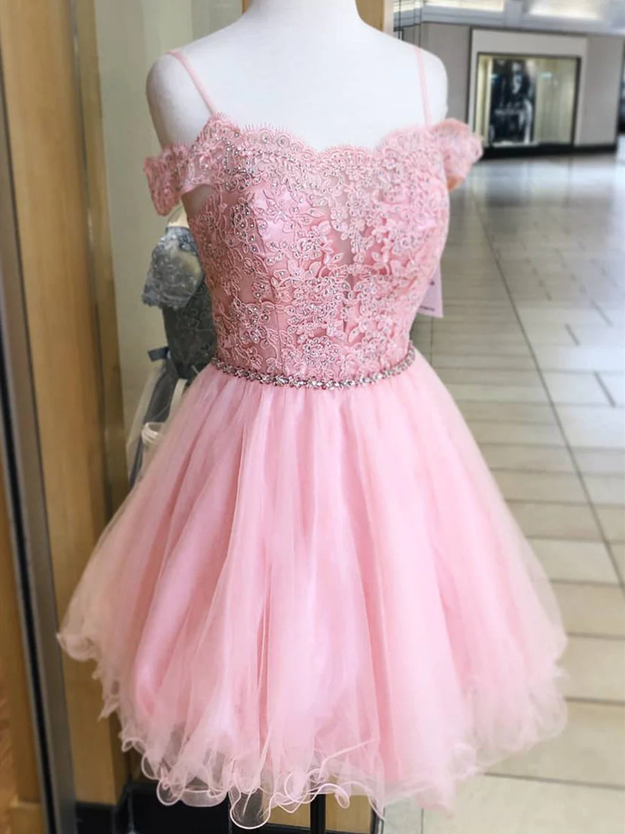 A-Line Off Shoulder Lace Pink Short Prom Homecoming Dress Formal Evening - Afbeelding 3