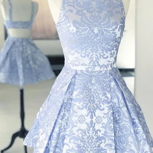 A-Line Round Neck Open Back Short Blue Lace Prom Homecoming Dress