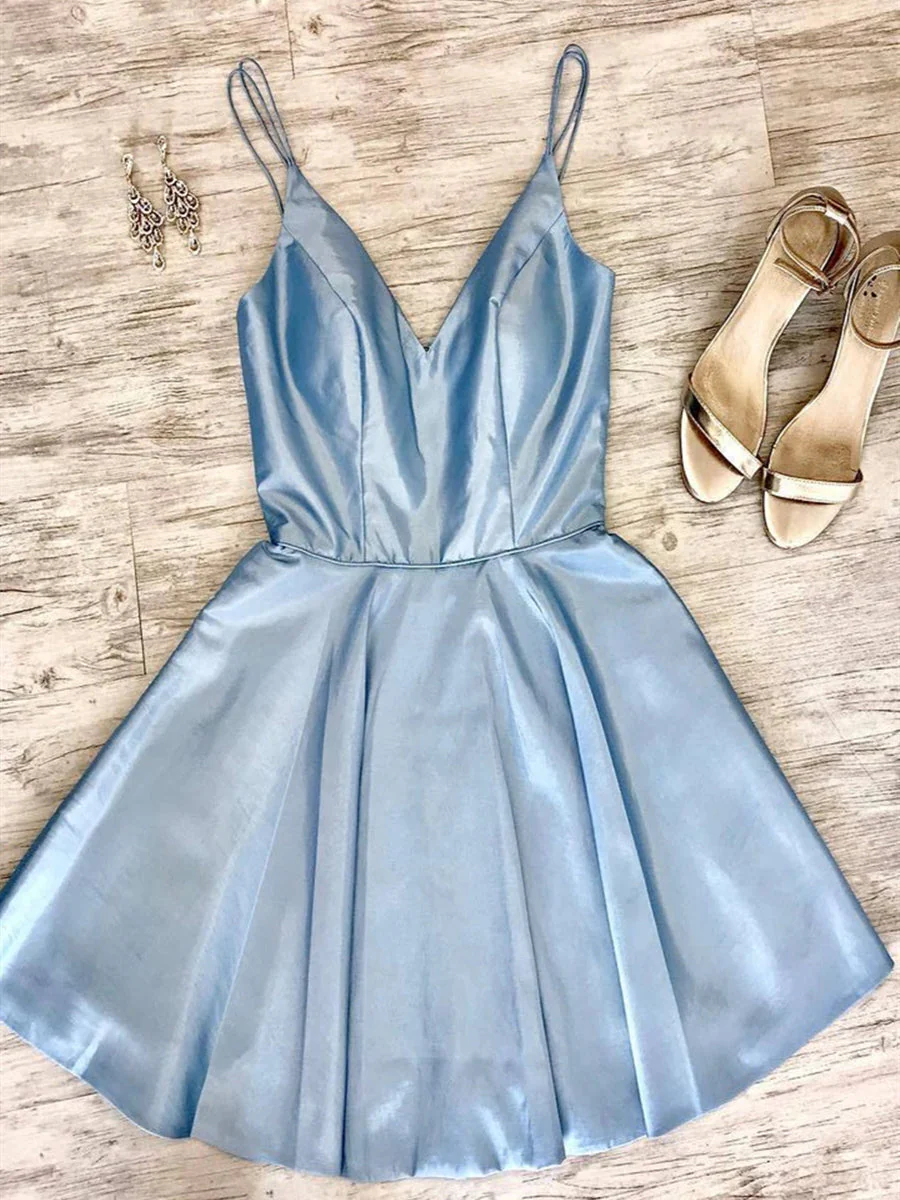 Elegant Light Blue Prom Homecoming Dress, A-Line V-Neck Short Spaghetti Straps Evening Gown - Afbeelding 4