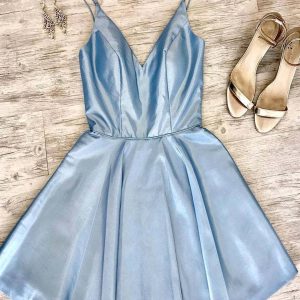 Elegant Light Blue Prom Homecoming Dress, A-Line V-Neck Short Spaghetti Straps Evening Gown
