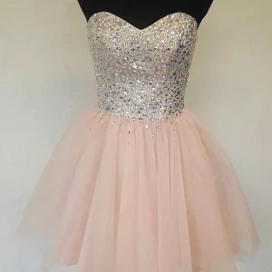 A-Line Sweetheart Neck Sequin Pink Short Prom Homecoming Graduation Evening Dress