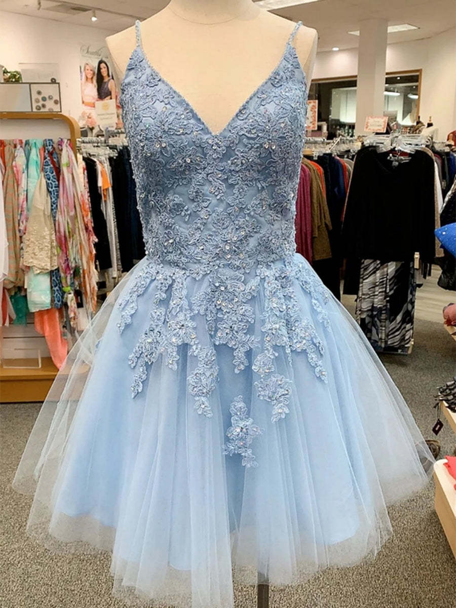 Elegant A-Line V-Neck Blue Lace Appliques Short Prom Homecoming Dress for Women