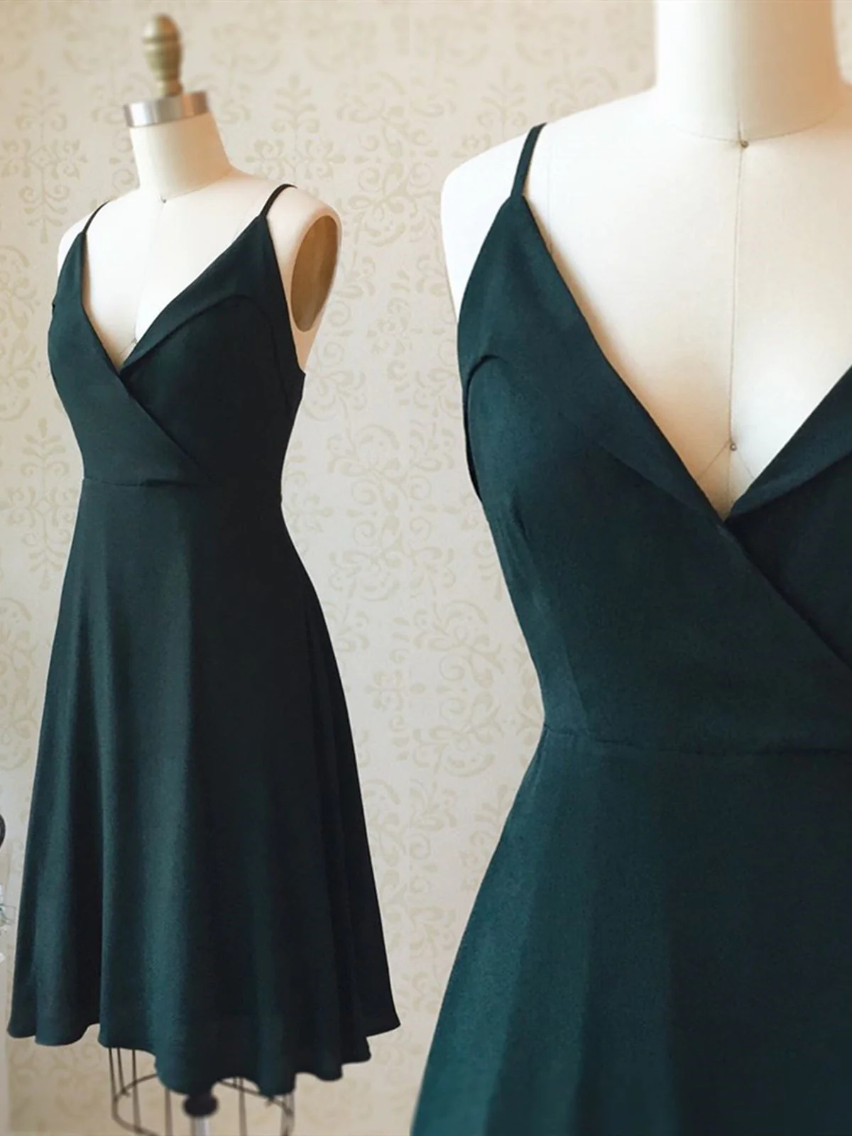 A-Line V-Neck Short Dark Green Prom Dress, Homecoming Formal Gown