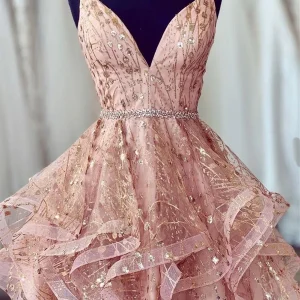 A-Line V-Neck Short Champagne Lace Homecoming Dress with Criss-Cross Back