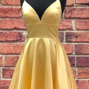 Elegant A-Line V-Neck Short Yellow Satin Prom Dress, Homecoming Formal Gown