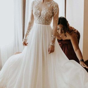 Vintage A-Line Long Sleeve Open Back Chiffon Wedding Dress with Lace Appliques