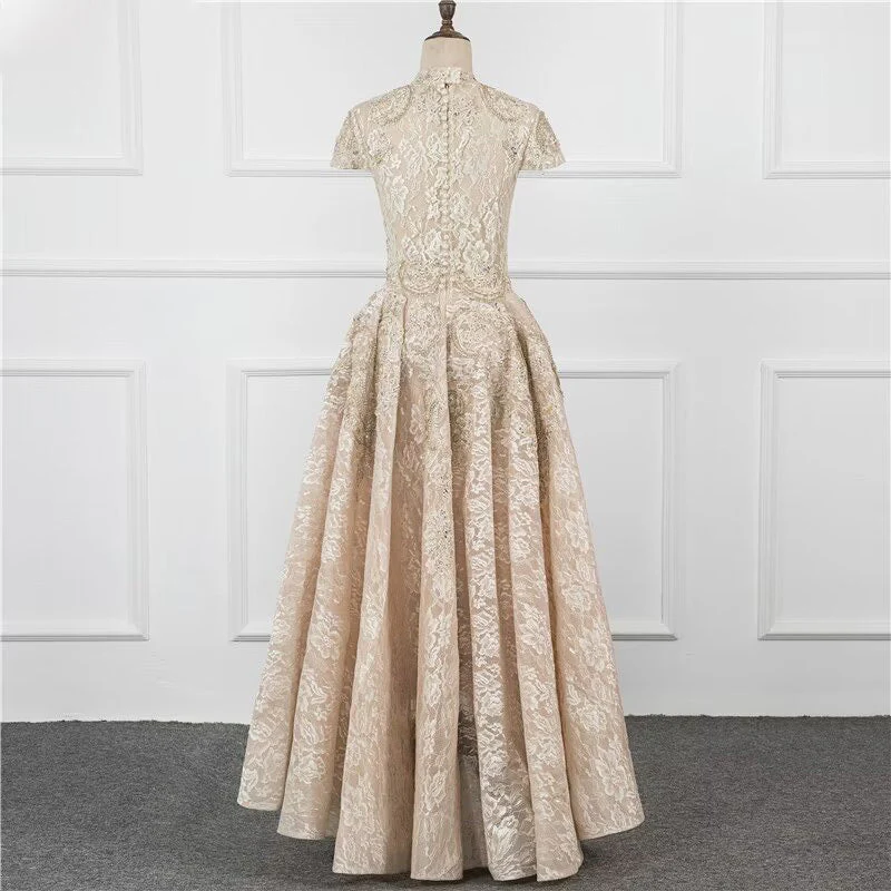 A-Line Sequin Appliques Prom Dress Long Pleated with Short Sleeves Gown - Afbeelding 4