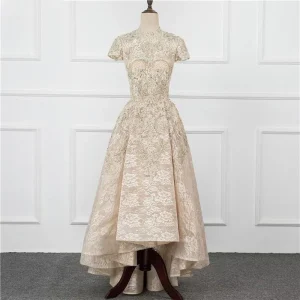 A-Line Sequin Appliques Prom Dress Long Pleated with Short Sleeves Gown