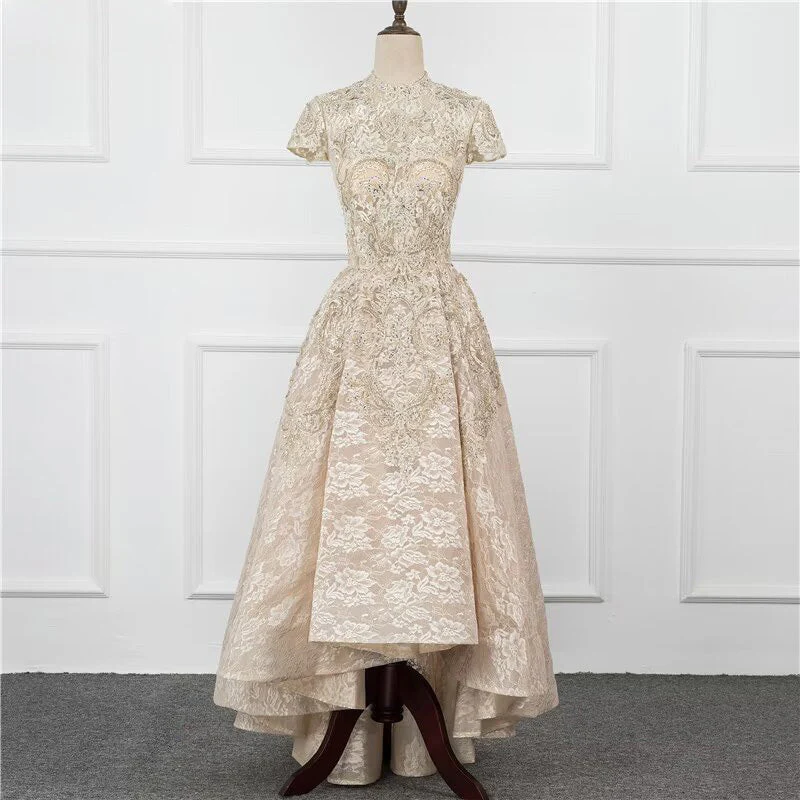 A-Line Sequin Appliques Prom Dress Long Pleated with Short Sleeves Gown - Afbeelding 2