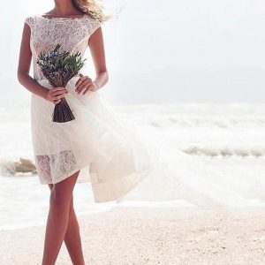 Boho Sleeveless Hi-Lo A-Line Lace Beach Wedding Dress with Bateau Neckline