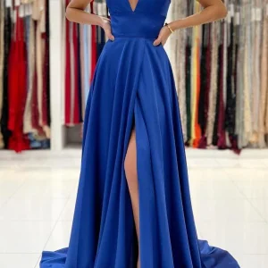 Elegant Royal Blue V-Neck Prom Gown with Thigh-High Slit and Spaghetti Straps