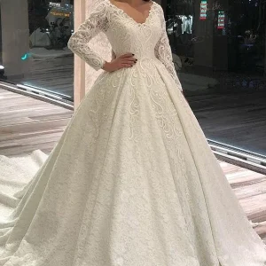 Elegant A-Line Deep V-Neck Lace Appliqued Long Sleeve Wedding Dress