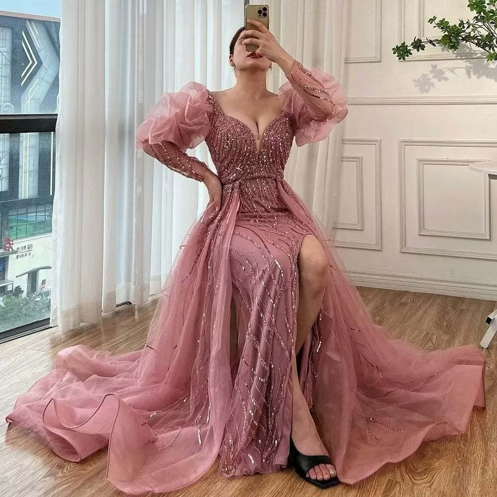 Pink Mermaid High Split Beaded Evening Dress Beaded Bubble Sleeve Gown - Afbeelding 2