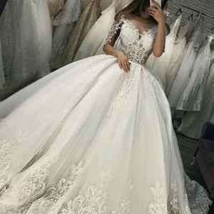 Sheer Tulle Ball Gown Wedding Dress with Appliques and Short Sleeves
